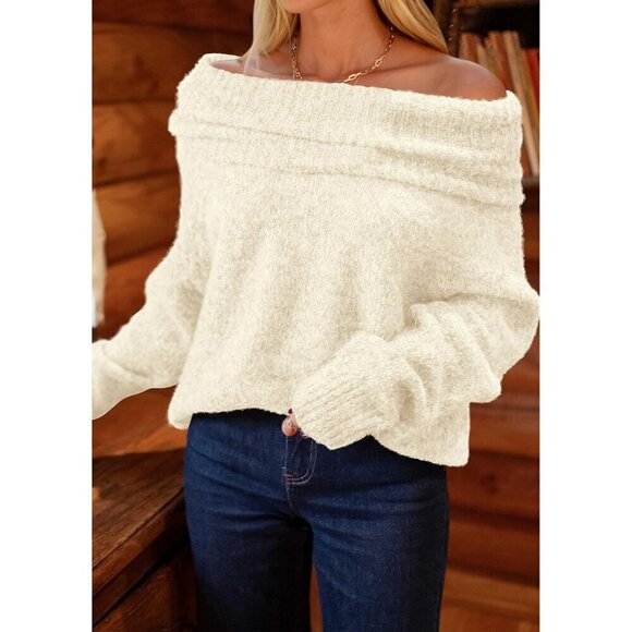 PRETTYGARDEN Women's Sweaters Fall Off The Shoulder Beige White Long Sleeve Top - Picture 7 of 8